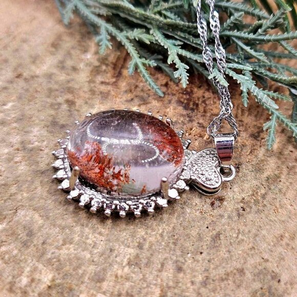 Nature Red Phantom Garden Oval Quartz Big Pendant Necklace - Picture 9 of 9